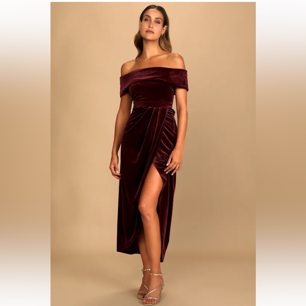 Lulu's Off the Shoulder Burgundy Velvet Slit Gown